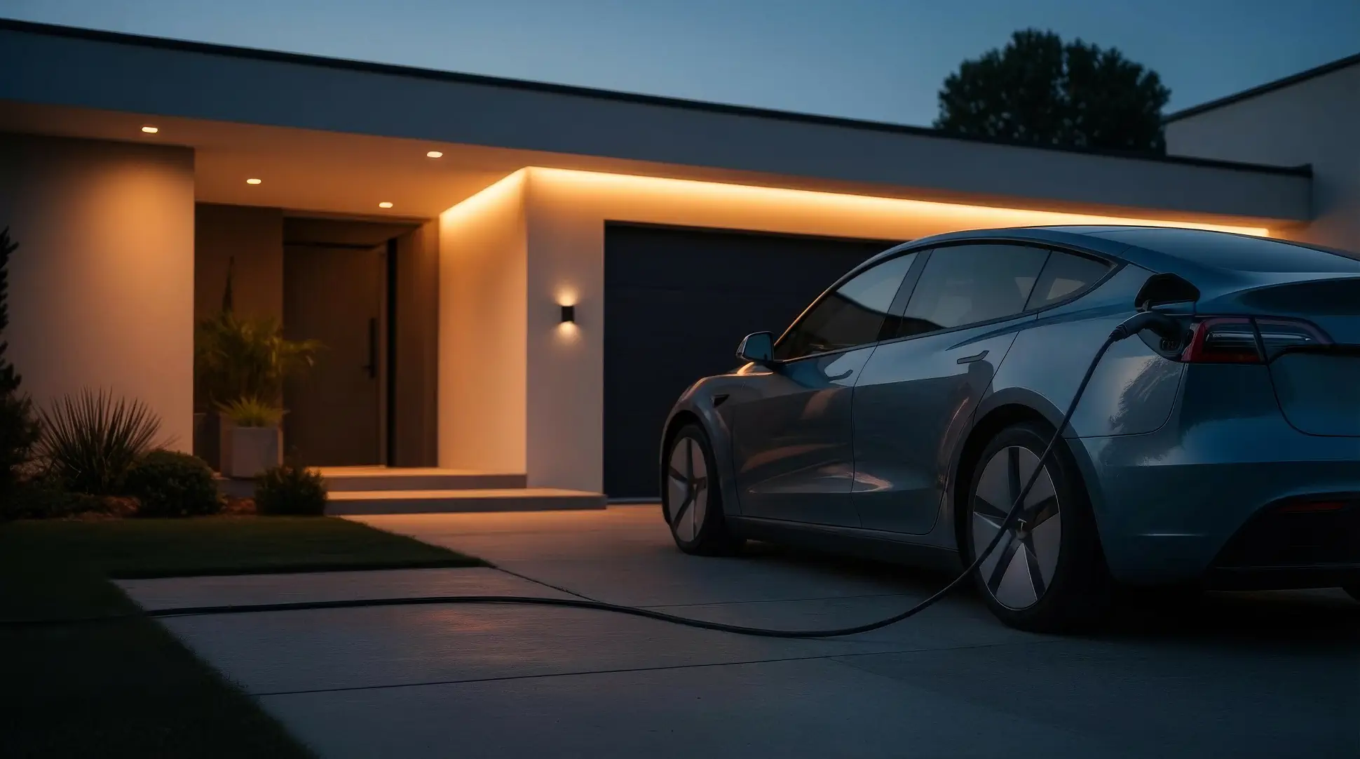 Electric vehicle charging at a modern home at dusk
